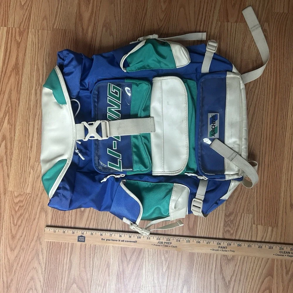 Li-Ning Vintage Retro Blue Green Archive Backpack Clear Pockets 90s